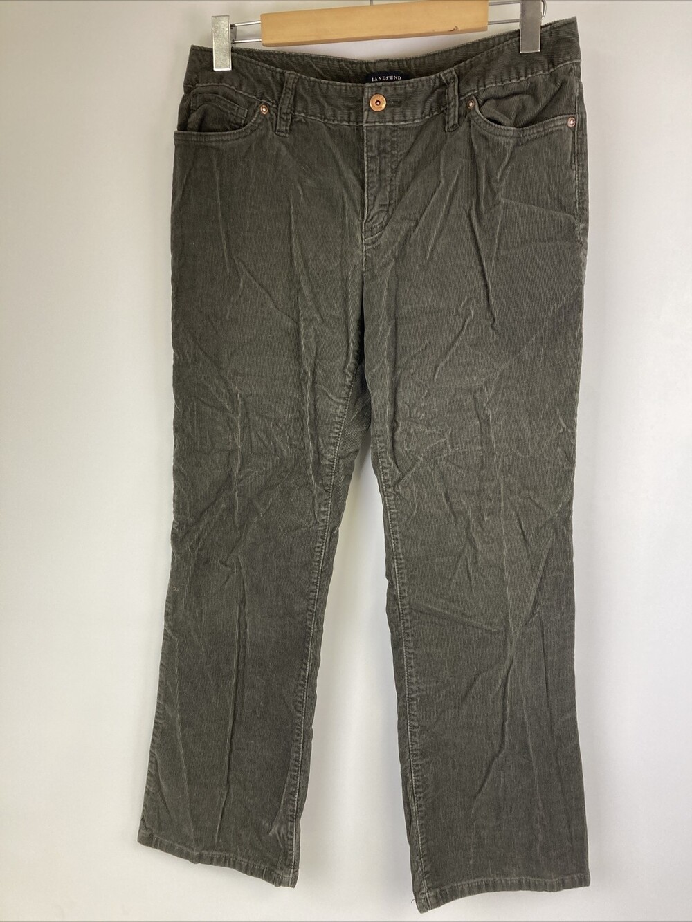 Lands End Women's 10P Fit 2 Corduroy Pants Straight Leg Cords Army Green